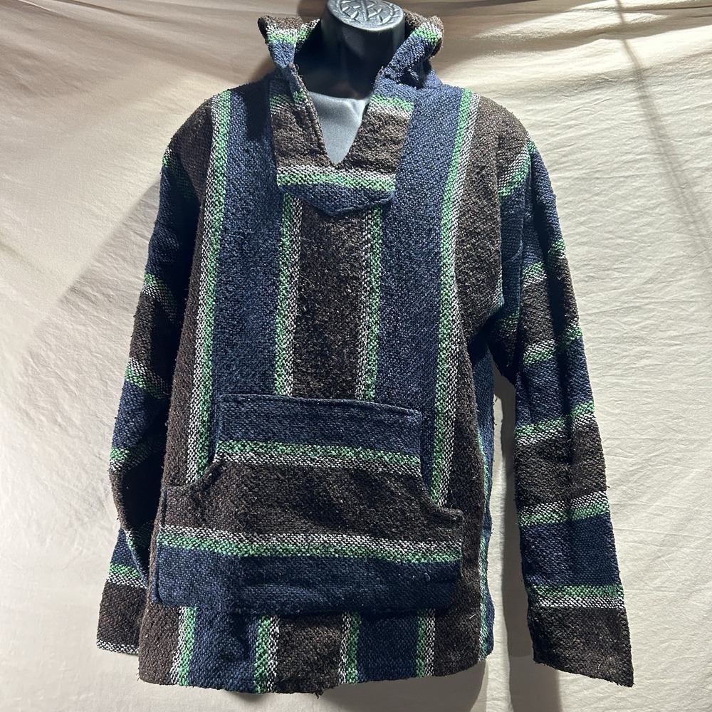 Vintage Mexican Baja Hoodie Pullover Surf Poncho Mens XL Brown Blue Striped